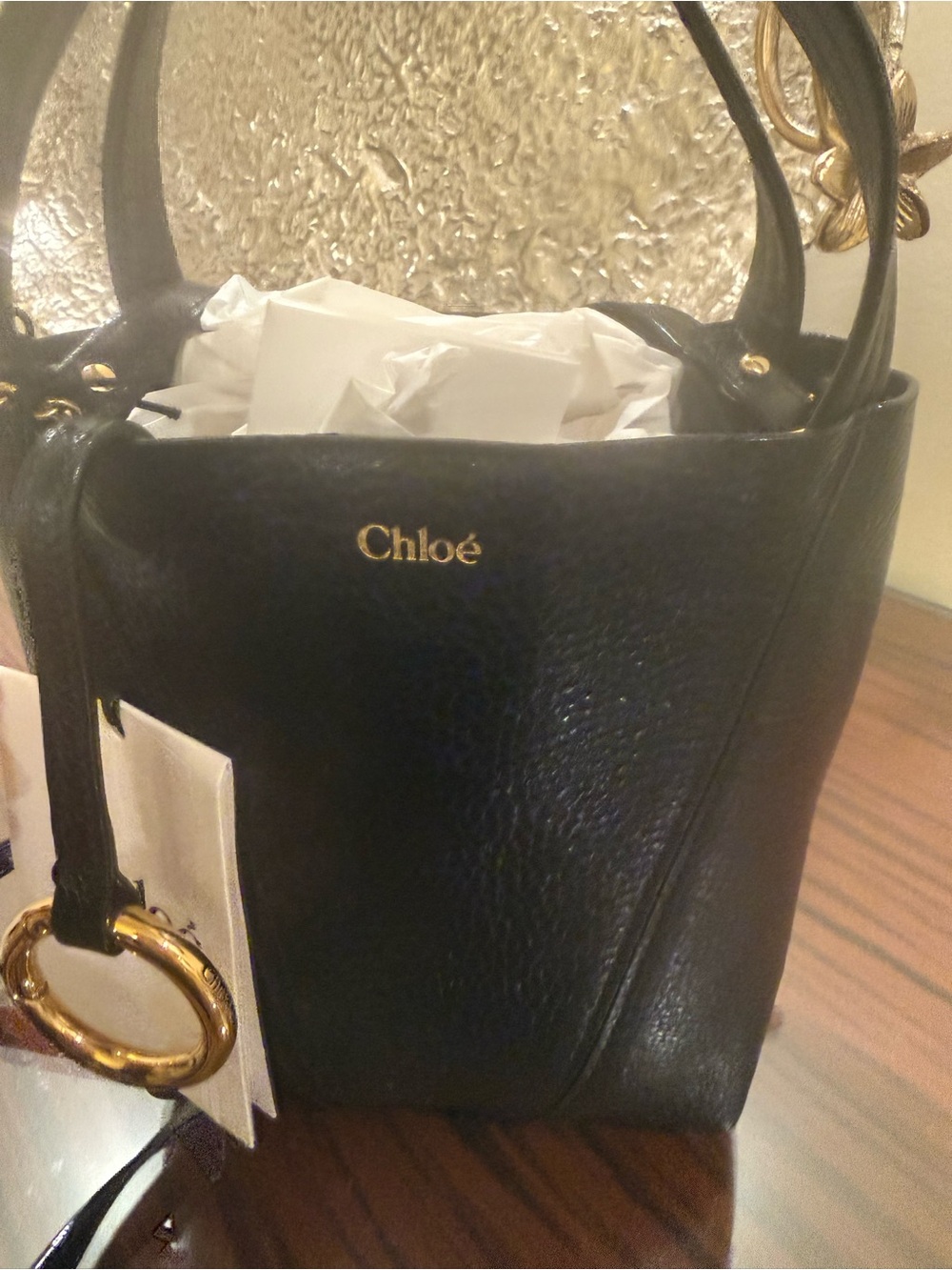 Chloé Black Pebbled Leather Bucket Bag with Gold Hardware